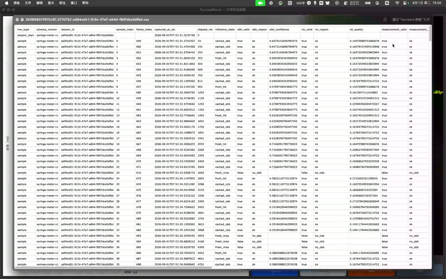 演示中打开的 CSV 表格,包含时间、会话标识、测量值和无有效检测的记录